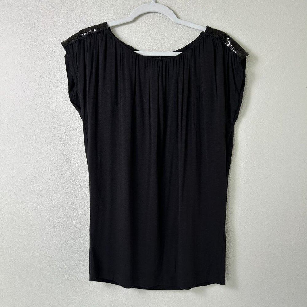 Luciano Dante Top Womens Size S Black Sequin Cap‎ Sleeve Pullover Stretch Blouse